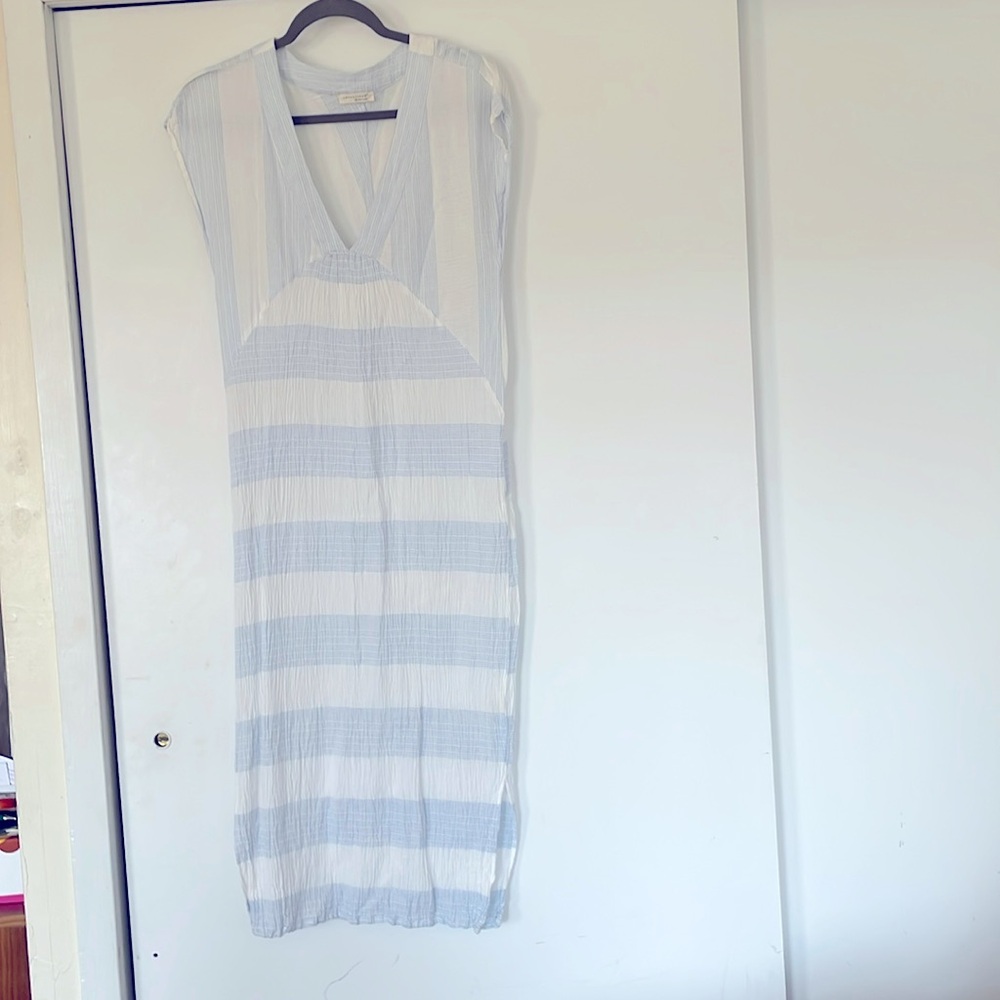 Summer dress, crisp white with blue/white stripes.